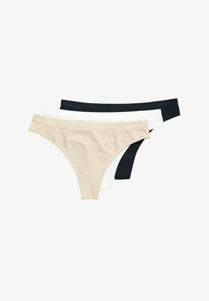 Lot de trois culottes tanga en beige, blanc et noir ; fabriquées en tissu doux avec une texture lisse et un design taille basse.