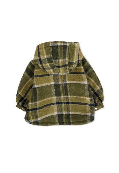 Giacca a vento a quadri verdi realizzata in morbido tessuto, con un motivo a scacchi in verde scuro, verde chiaro e blu navy, con orlo arrotondato.