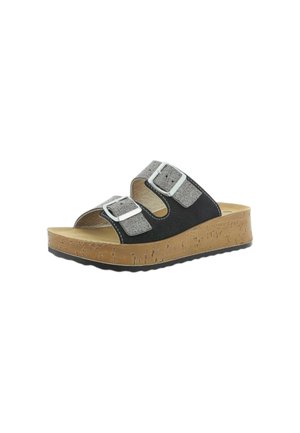 Sandalo nero a fascia con due fibbie regolabili in argento e una suola spessa marrone con texture effetto sughero.