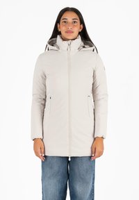 Lichtgrijze gevoerde jas met een hoge kraag, rits aan de voorkant en zijzakken. De manchetten zijn elastisch. Draag het met blauwe wijde jeans.