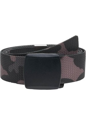 Web belt featuring a black and pink camouflage pattern, woven texture, and a matte black plastic buckle for secure fastening.