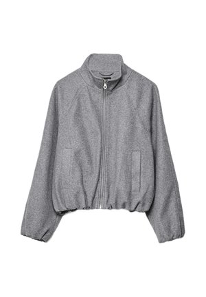 Graues kurzes Sweatshirt aus weichem Stoff, mit hohem Kragen, Frontreißverschluss, zwei Seitentaschen und elastischem Saum.