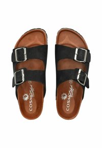 Sandali neri realizzati in morbido suede, con due cinturini regolabili e fibbie in argento, e una soletta imbottita marrone.