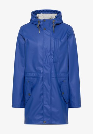 Sinine veekindel park, millel on kapuuts, esitõmblukk, kaks küljetaskut ja hall sisepool. Sile ja läikiv tekstuur.