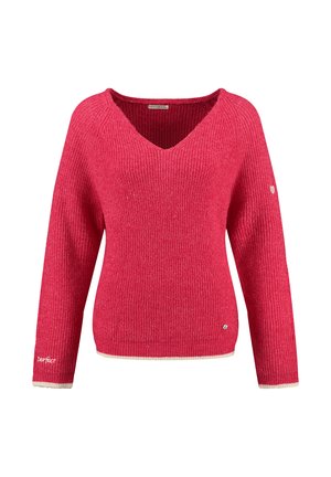 Roter V-Ausschnitt-Strickpullover mit langen Ärmeln, gerippter Struktur, kontrastierenden hellfarbigen Bündchen, kleinem Herz-Detail am Ärmel und gesticktem Logo.