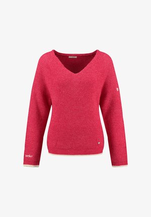 Roter V-Ausschnitt-Strickpullover mit langen Ärmeln, gerippter Struktur, kontrastierenden hellfarbigen Bündchen, kleinem Herz-Detail am Ärmel und gesticktem Logo.