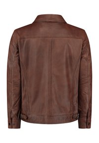 Brown leather jacket with a straight cut, featuring a collared neckline, snap buttons, and side adjustments. Smooth texture and subtle sheen.