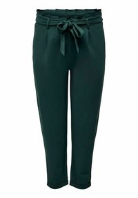 Dark green high-waist tapered pants with a fabric belt tied in a bow at the waist and cuffed hems.