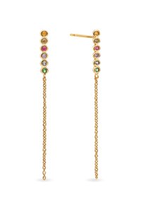 Gouden kettingoorbellen met een verticale ontwerp versierd met kleurrijke edelstenen, waaronder roze, groen en paars, aan een slanke ketting.