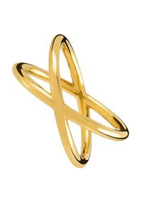 Anillo de oro con bandas entrelazadas. Superficie suave y pulida con un acabado reflectante. Diseño moderno con una forma elegante y minimalista.