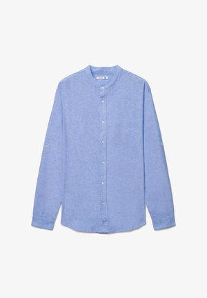 Camicia azzurra chiaro a maniche lunghe con bottoni e colletto alla coreana, realizzata in tessuto testurizzato. Presenta bottoni sulla parte frontale e sui polsini.