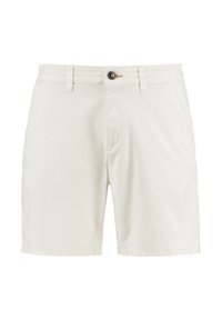 Light beige shorts made of cotton. Features a zipper fly, button closure, and two side pockets. Smooth texture and straight leg design.