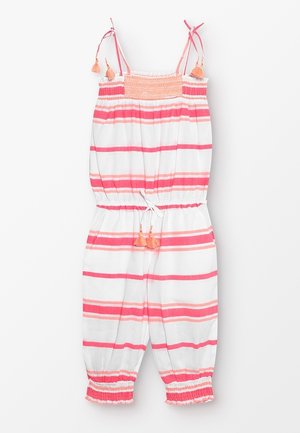 Combinaison sans manches pour filles avec bretelles réglables, rayures horizontales corail et roses, taille élastique avec liens à pompons et poignets élastiques.