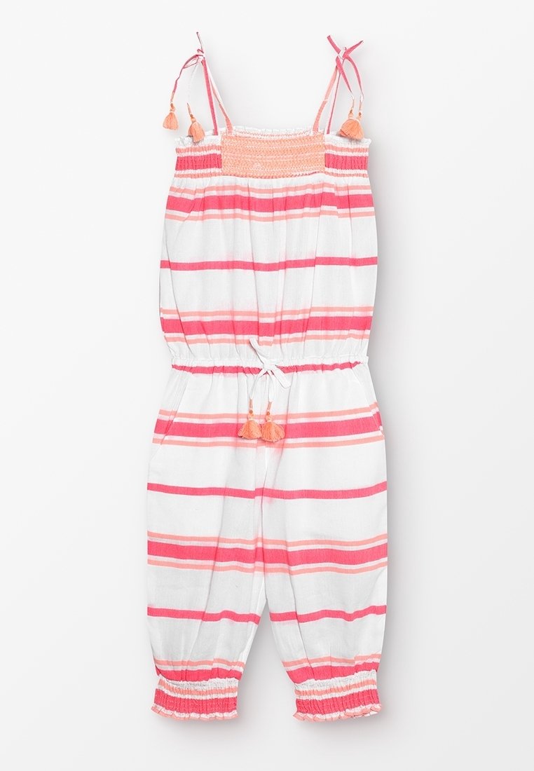 Combinaison sans manches pour filles avec bretelles réglables, rayures horizontales corail et roses, taille élastique avec liens à pompons et poignets élastiques.