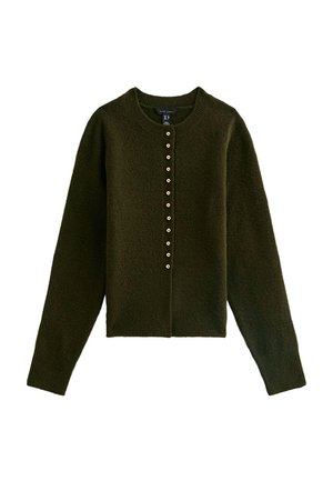 Cardigan lavorato a maglia verde scuro con maniche lunghe, scollatura rotonda e chiusura a bottoni con dettagli in metallo. Tessuto morbido.