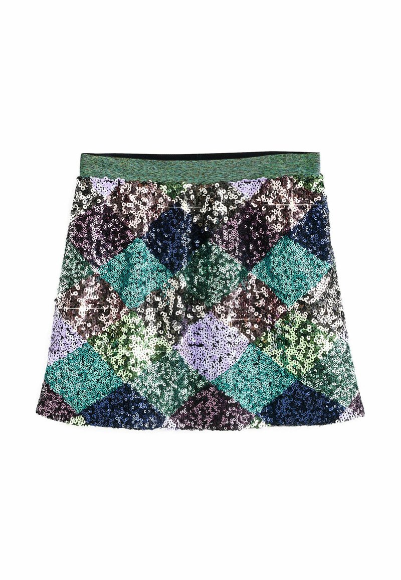 Mini gonna in paillettes con un motivo a diamante multicolore nei toni del verde, viola e blu, con una vita verde uniforme.