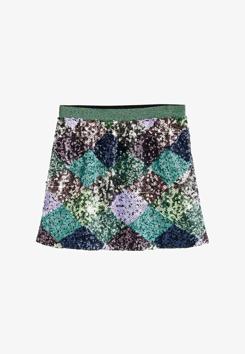 Mini gonna in paillettes con un motivo a diamante multicolore nei toni del verde, viola e blu, con una vita verde uniforme.