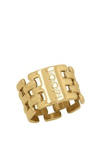 Anello in metallo color oro con anelli intrecciati, dotato di un logo centrale inciso. Finitura liscia con un design a banda larga.