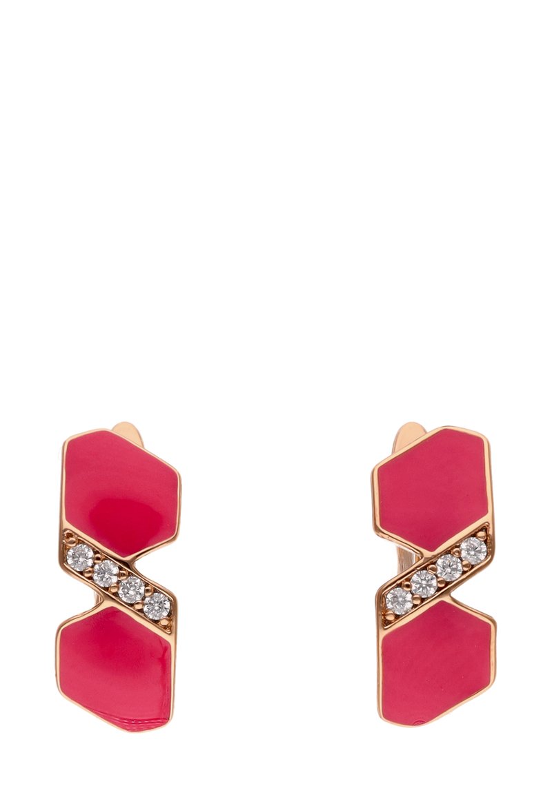 Geometrische Ohrringe mit glänzender rosa Emaille, goldfarbenen Metallakzenten und einer Reihe klarer Strasssteine in der Mitte.