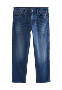 Vaqueros de mezclilla en azul oscuro con un acabado desgastado, con corte recto, bolsillos frontales y trabillas para cinturón. Fabricados con material flexible.