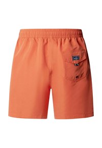 Short de bain orange avec une ceinture élastique et une poche arrière avec rabat, ornée d'une étiquette de la marque Hackett.