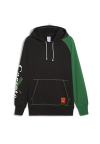 Felpa nera con maniche verdi, cordino regolabile, tasca frontale e etichetta arancione con la scritta "Carrots" e il logo Puma. Dettagli di cucitura a contrasto.