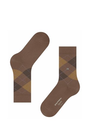 Paar braune Socken mit einem Argyle-Muster in Beige- und Dunkelbrauntönen und einem kleinen Markenlogo an der Seite einer Socke.