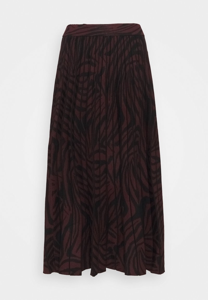 Jupe midi plissée marron foncé et noire avec un motif abstrait évoquant le zèbre et une ceinture ajustée, présentée sur fond blanc uni.