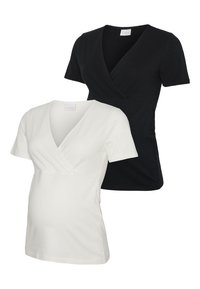 Μπλούζες εγκυμοσύνης τύπου wrap σε μαύρο και άσπρο. Διαθέτουν κοντά μανίκια, V-λαιμόκοψη, απαλό ύφασμα και ελαστικό σχέδιο για άνεση και εφαρμογή.