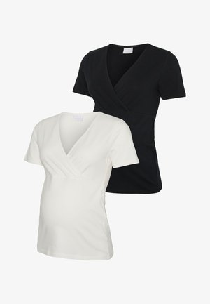 Czarne i białe topy ciążowe z kopertowym dekoltem. Charakteryzują się krótkimi rękawami, dekoltem w serek, miękką tkaniną oraz elastycznym krojem zapewniającym komfort i dopasowanie.