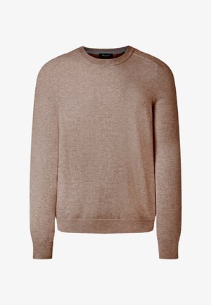 Maglione beige lavorato a maglia con scollo rotondo, maniche lunghe e polsini e orlo a costine. Texture morbida, design minimalista e colore uniforme.