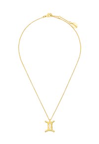 Złoty naszyjnik z delikatnym łańcuchem i teksturowanym wisiorkiem w kształcie znaku Bliźniąt. Posiada zapięcie typu homar oraz małą zawieszkę z napisem "Bliźnięta".