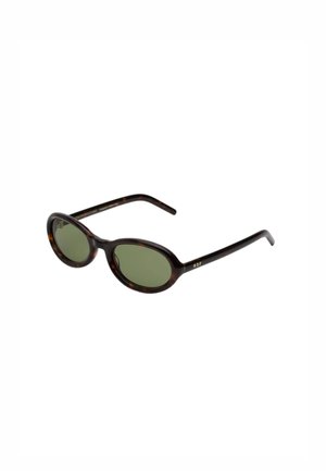 Lunettes de soleil ovales avec des montures en écaille sombre et des verres verts. Les branches comportent un logo en blanc. Matériau en plastique.
