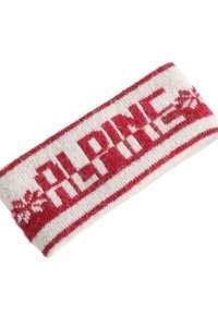 Piros-fehér kötött fejpánt, melyen vastag betűkkel az "ALPINE" szó szerepel, hópelyhekkel és vízszintes csíkokkal díszítve.