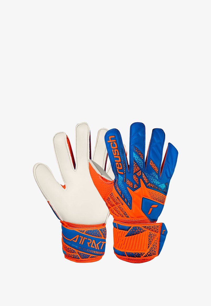 Torwarthandschuhe mit weißen Latex-Handflächen und bunt leuchtend blauen und orangen synthetischen Handrücken, die über strukturierte Muster und sichere Handgelenkriemen verfügen.