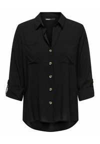 Chemise noire à boutons en tissu léger. Comprend deux poches avant, manches retroussées et ourlet arrondi. Les boutons sont de couleur contrastée.