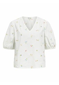 Witte V-hals blouse met korte pofmouwen, voorzien van kleurrijke bloemenborduursels in roze, blauw en groen. Zachte katoenstof.