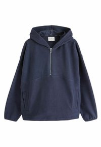 Granatowy polarowy hoodie z pół zamkiem, bocznymi kieszeniami i elastycznymi mankietami, na białym tle.