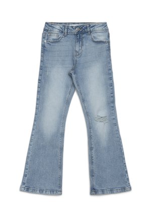 Jeans svasati in denim azzurro chiaro con finitura slavata. Comprendono tasche anteriori e uno strappo consumato sul ginocchio sinistro.