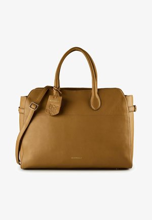Bruine leren Burkely handtas met dubbele handvatten, verstelbare schouderriem en merklabel, met een gladde afwerking en een eenvoudig ontwerp.