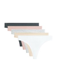 Zeven paar dames thongs in verschillende kleuren: zwart, roze, grijs, wit en nude. Zacht materiaal, minimalistisch design, elastische tailleband.