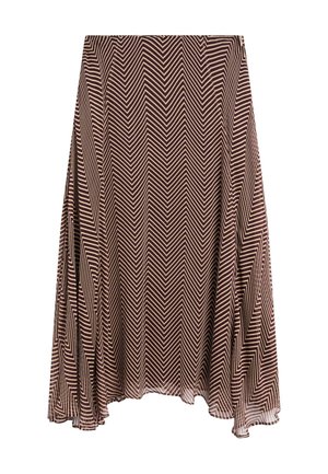Midi-length brown skirt with beige zigzag chevron pattern and flowy, slightly asymmetrical hem.