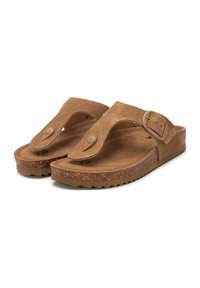 Chanclas de ante marrón con suela de corcho texturizada, hebilla ajustable y tira de dedo acolchada. Presentan una suela plana y estriada para mayor tracción.