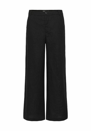 Sorte brede bukser med knap- og lynlåslukning, bæltestropper og et glat frontdesign.