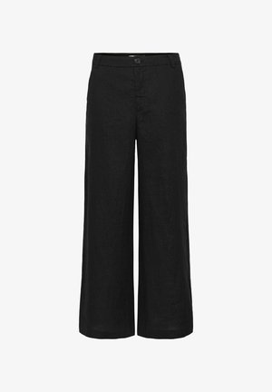 Čierne široké skrátené nohavice so zapínaním na gombík a zips, s pútkami na opasok a hladkým predným dizajnom.