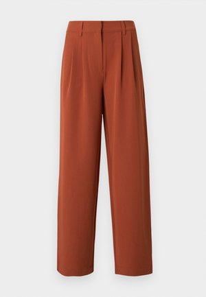 Pantalones de pierna ancha color óxido con una textura suave, que cuentan con pliegues frontales y una cintura alta entallada. Ideales para diversas ocasiones.