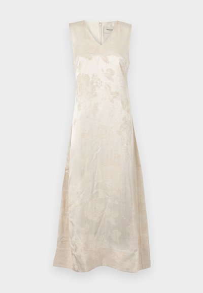 Αμάνικο φλοράλ φόρεμα σε ανοιχτό μπεζ ύφασμα; διαθέτει V-λαιμόκοψη και φερμουάρ στην πλάτη; ημι-διάφαστη υφή με διακριτική λάμψη.