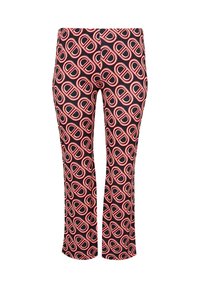 Rode en zwarte patroonte broek met een geometrisch ontwerp met ovale vormen, een getailleerde pasvorm en een taps toelopende broekstijl.