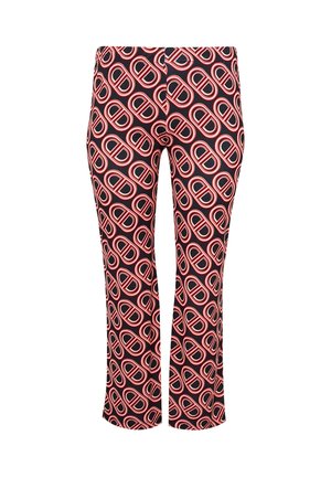 Rode en zwarte patroonte broek met een geometrisch ontwerp met ovale vormen, een getailleerde pasvorm en een taps toelopende broekstijl.
