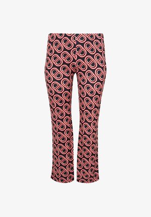 Rode en zwarte patroonte broek met een geometrisch ontwerp met ovale vormen, een getailleerde pasvorm en een taps toelopende broekstijl.